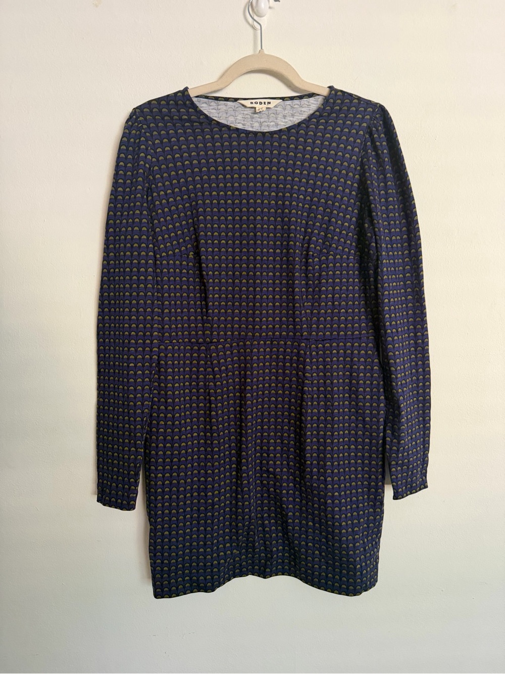Boden Navy Dress with Gold Scallop Print